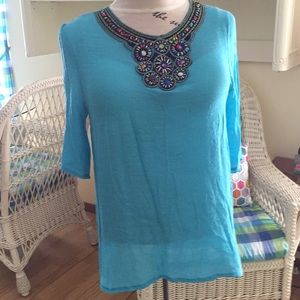 Never Worn Beaded Aquamarine blue gauze Tunic 14